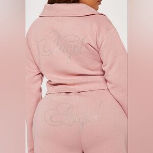 NWT Fashion Nova Pink "Angel" Rhinestone 2-Piece Wide-Leg & Zip-Up Set - 3XL